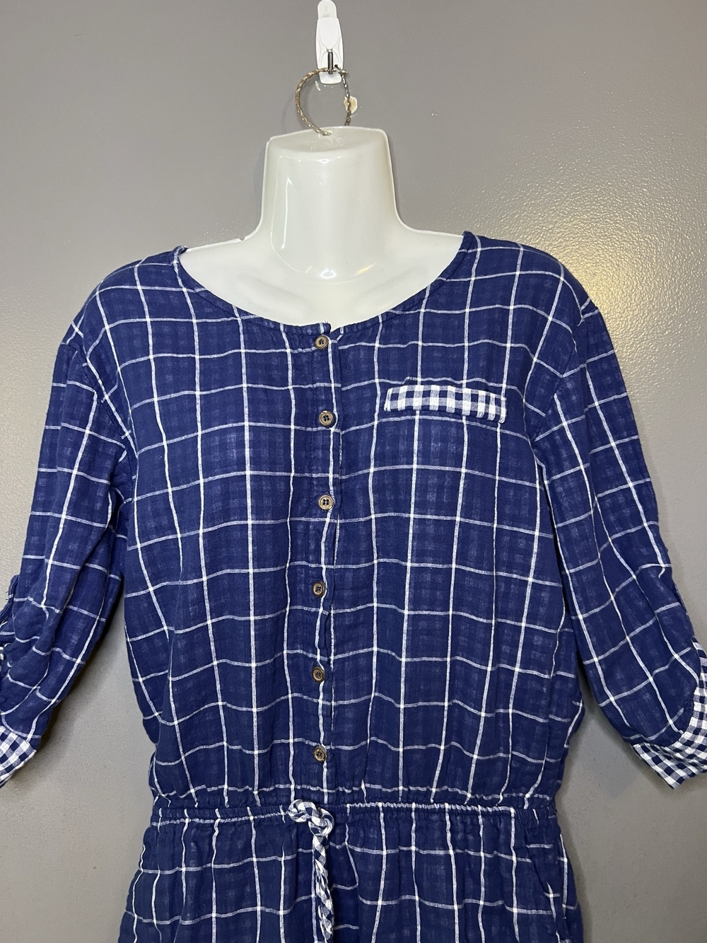 Everly Romper Womens Medium Blue Check Button Front Elastic Waist 3/4 Sleeve